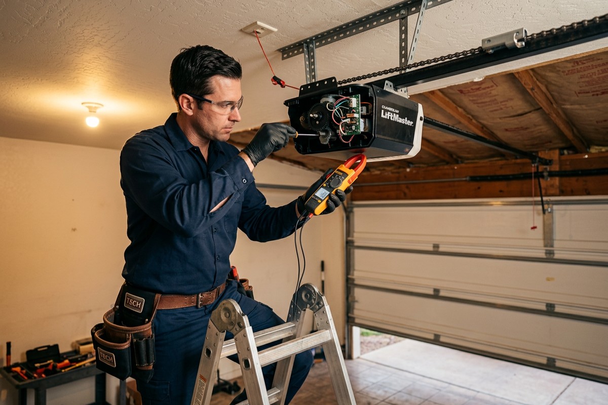 Licensed technician repairing a garage door opener in a residential garage in Phoenix AZ