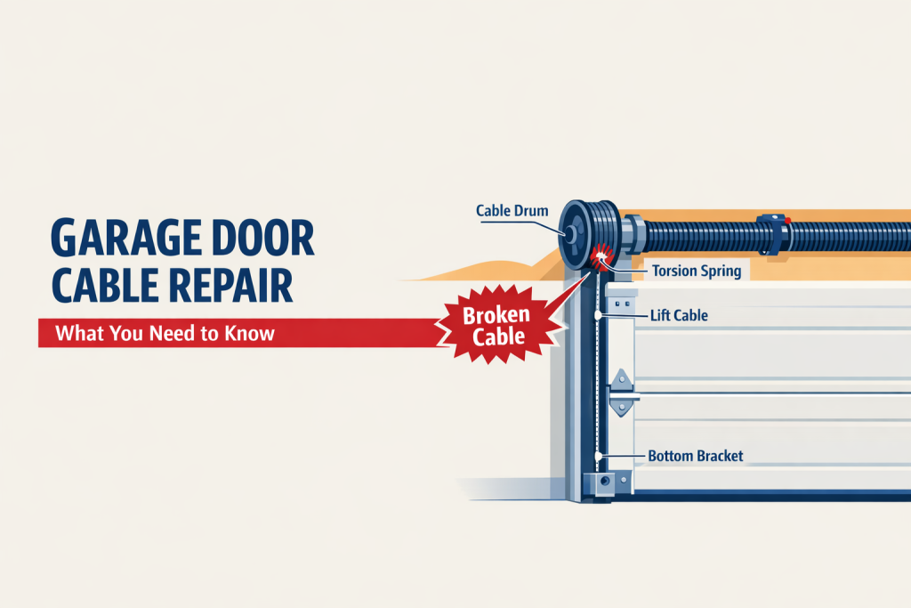 Garage door cable repair infographic showing the lift cable, cable drum, torsion spring, and bottom bracket