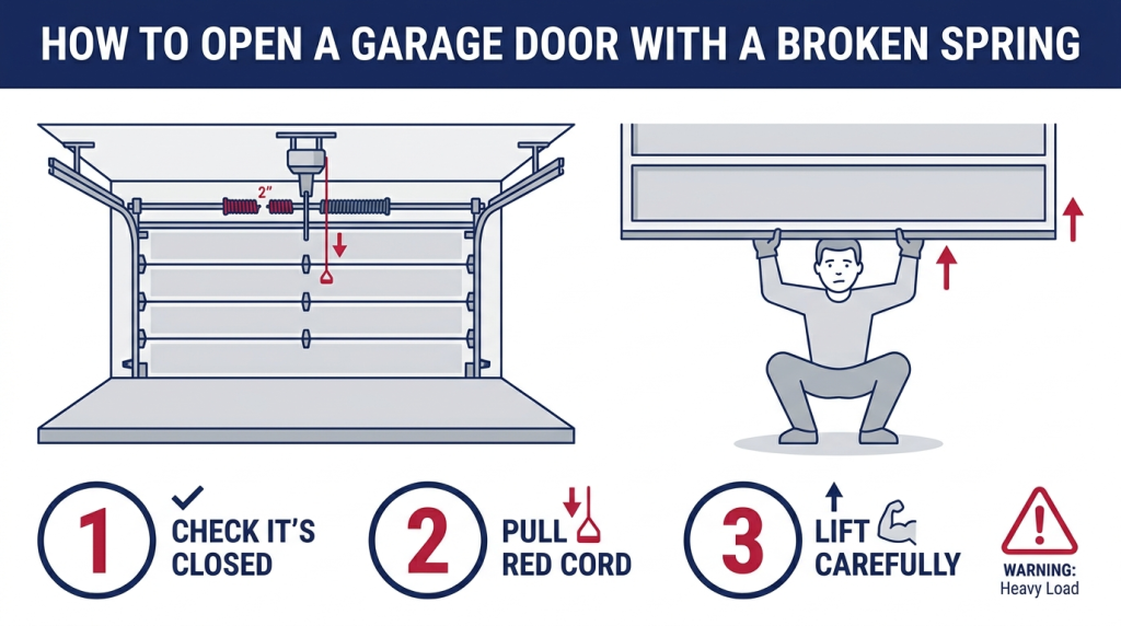 How to open a garage door with a broken spring — infographic showing the emergency release cord and manual lift