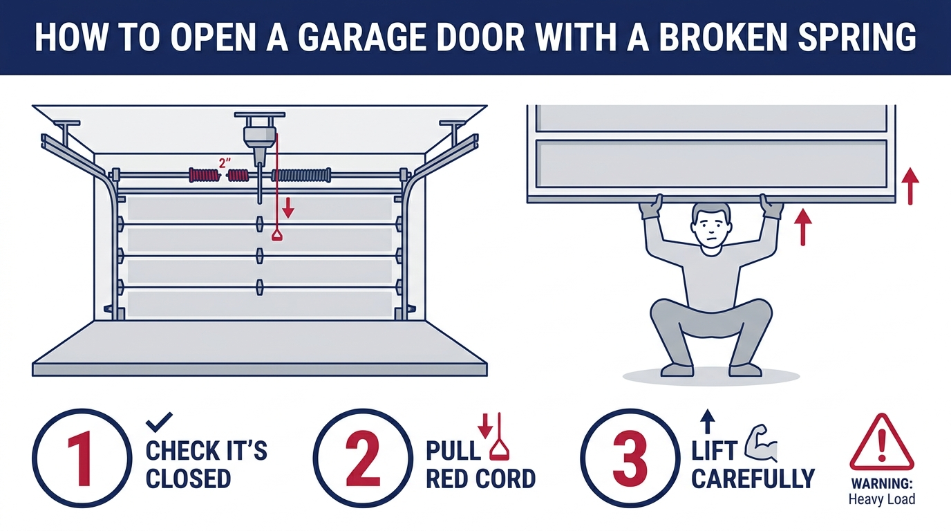 How to open a garage door with a broken spring — infographic showing the emergency release cord and manual lift