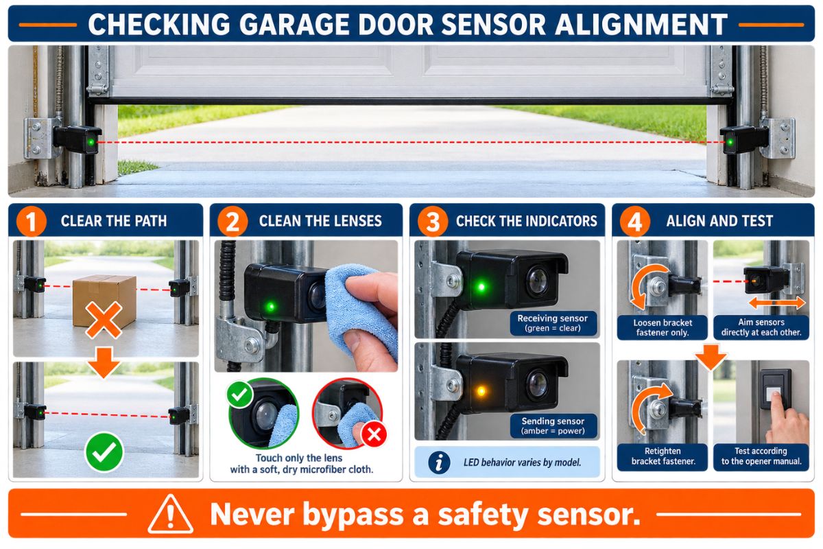 Four safe checks for cleaning and aligning garage door photo-eye sensors