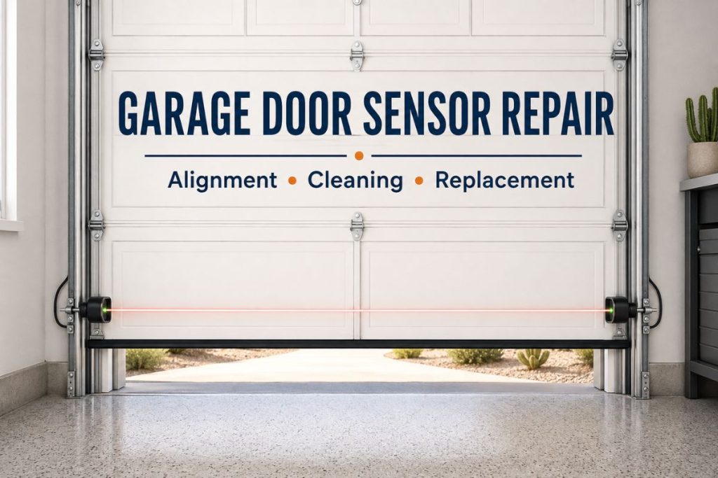 Garage door safety sensors aligned across a residential garage opening