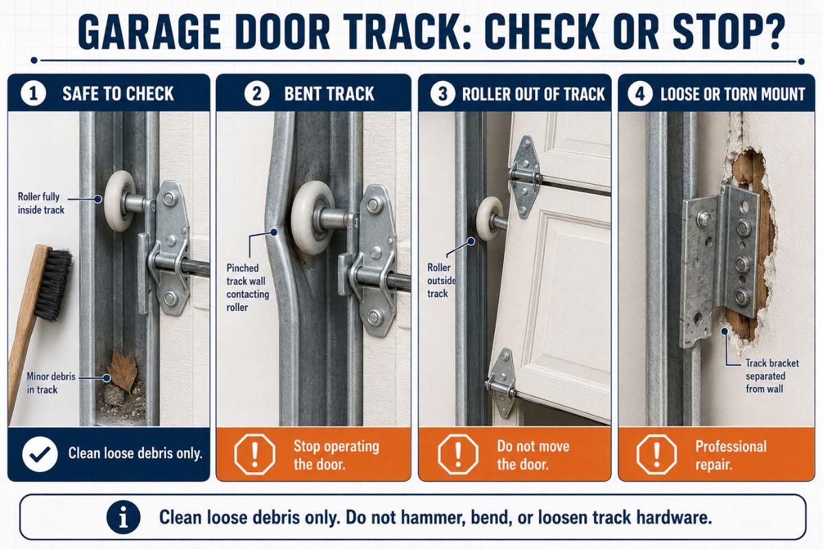Garage door track conditions showing debris, a bent track, an escaped roller, and a loose mounting bracket