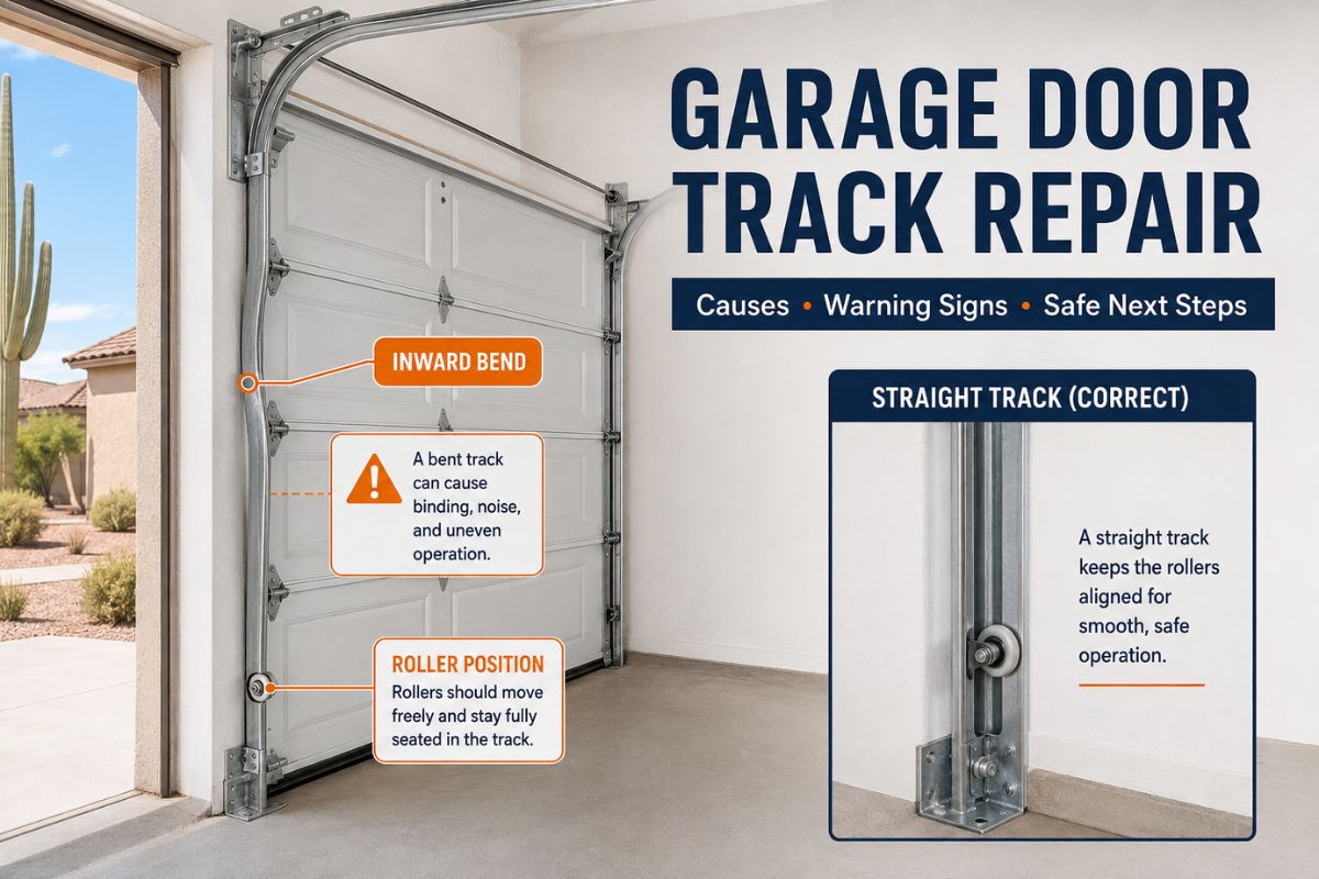 Bent garage door track compared with a straight track and correctly seated roller